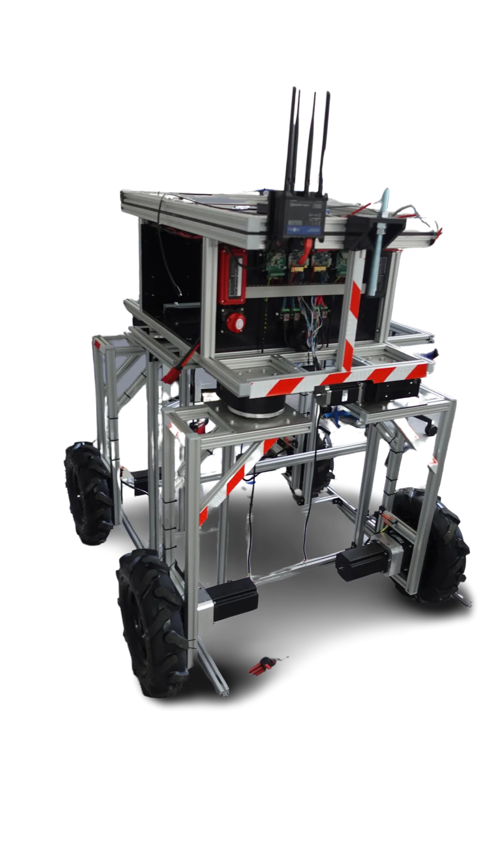 Four-wheeled agricultural research robot with an aluminium frame, sensor mast, and soil sampling module